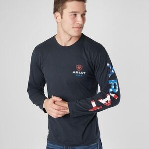 Ariat Men's Dark Blue Long Sleeve Tee with Patriotic Sleeve